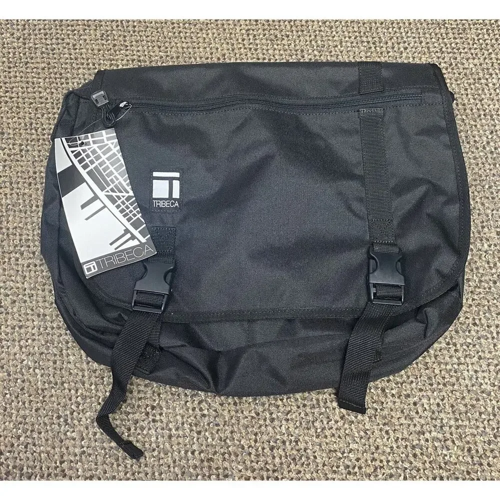 Tribeca Messenger Bag Solid Black 16x12 Laptop Books Adjustable Strap NWT 1